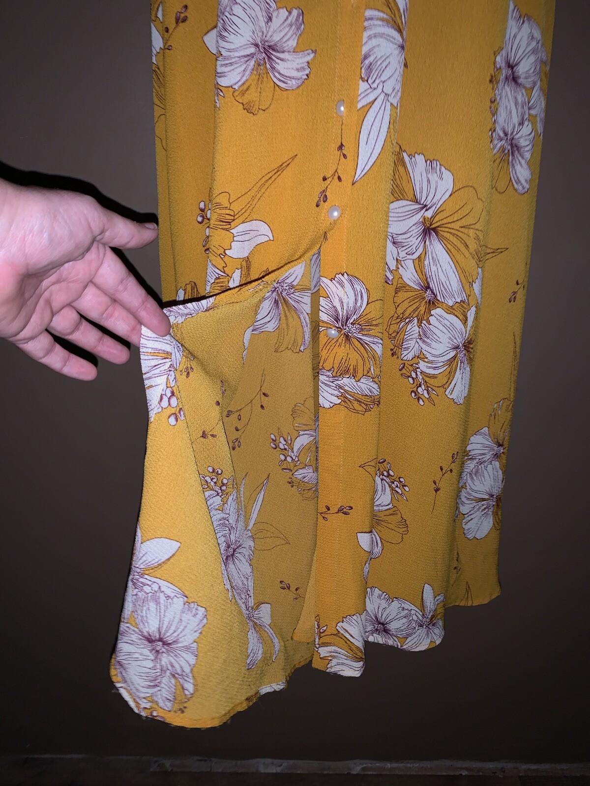 Beautiful Boho Yellow Floral Long Maxi Dress With Pearl Button Front Size Medium