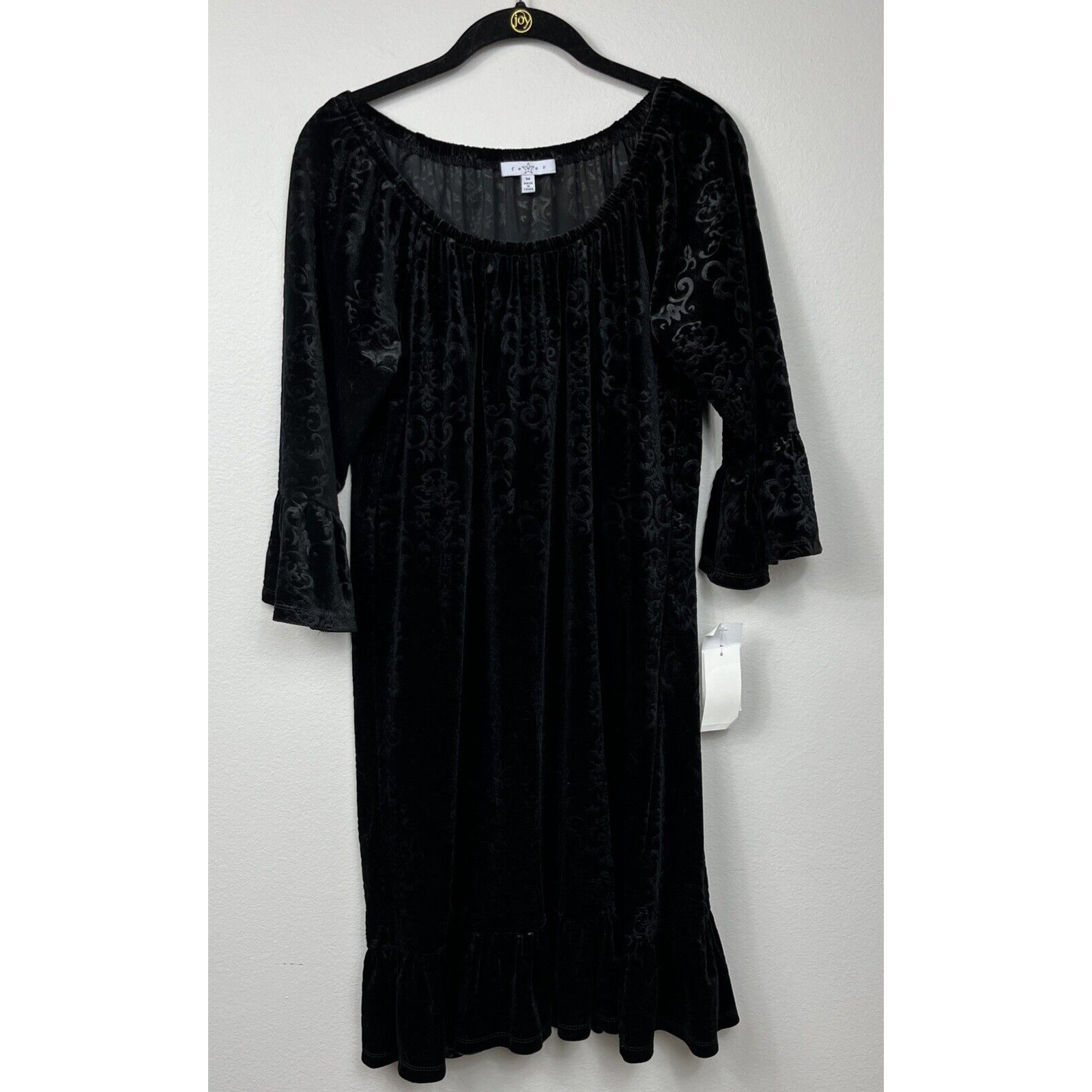 FEVER Velvet Scroll Bell Sleeves Black Flowy Dress Size Medium NWT MSRP $78.00