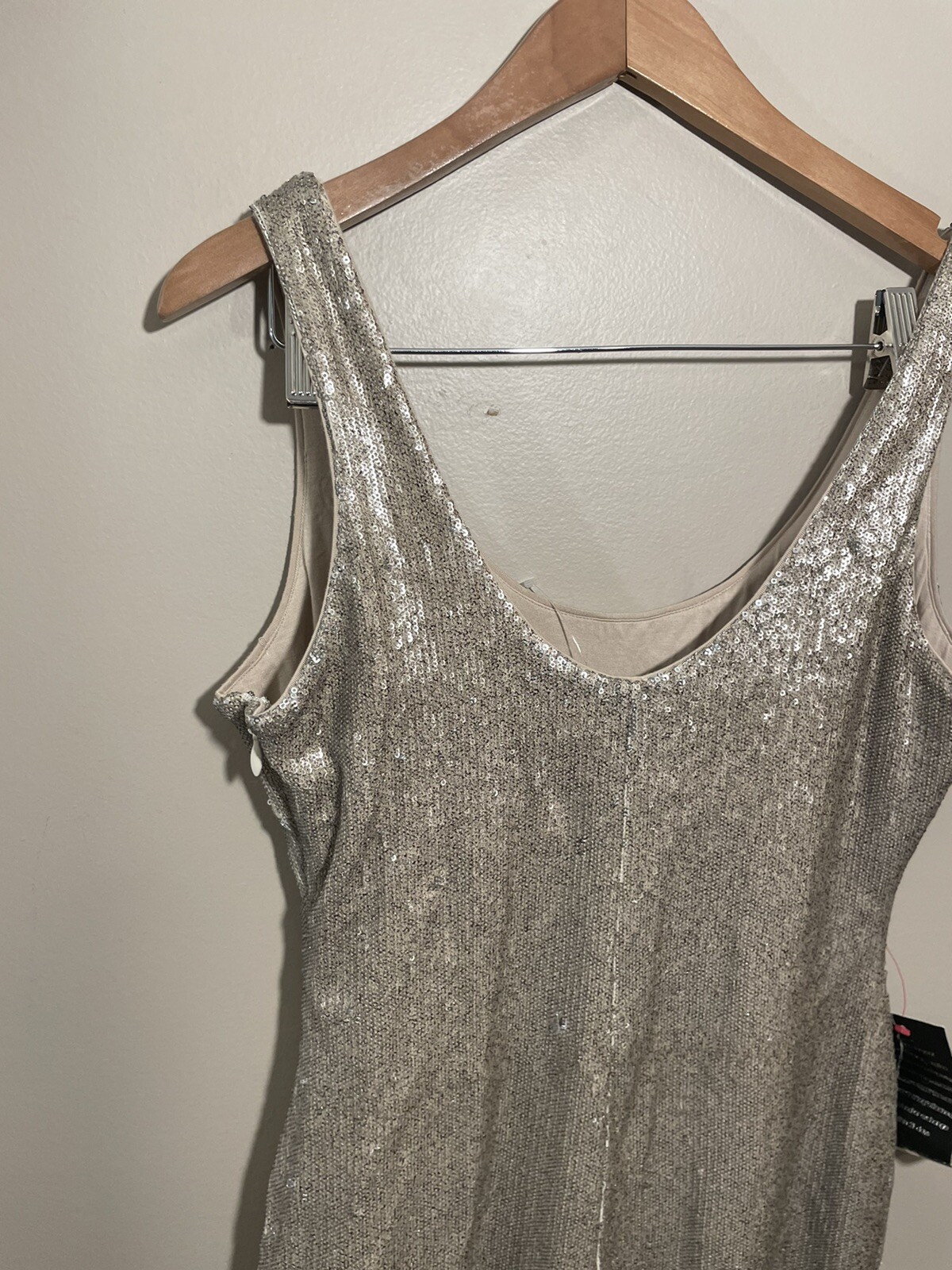 Bebe Imagine Sequin Ruffle Dress Large Sleeveless Holiday Party Gold NWT $179