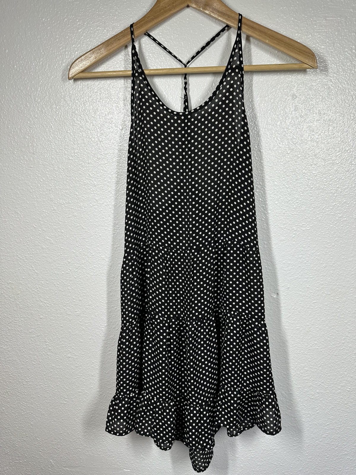 En Creme Dress Womens Medium Black White Polka Dot Tiered Ruffle Strappy Boho