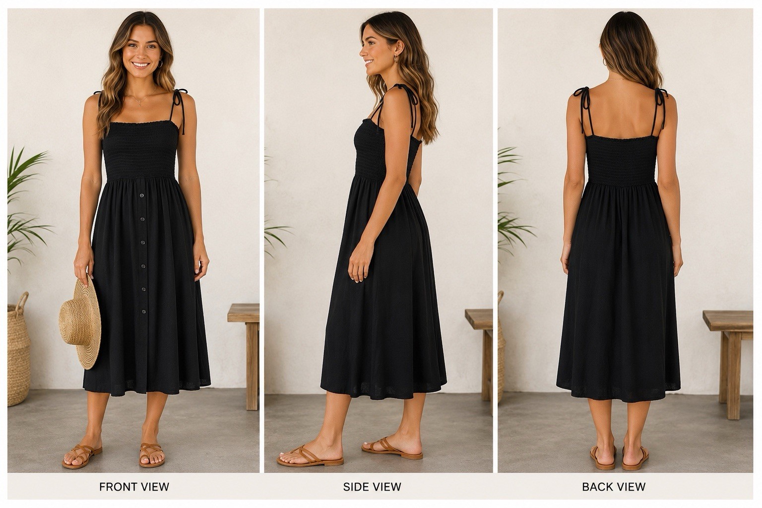Shore Brand Black Smocked Midi Dress Cowrie Shell Strap Cover Up Large USA