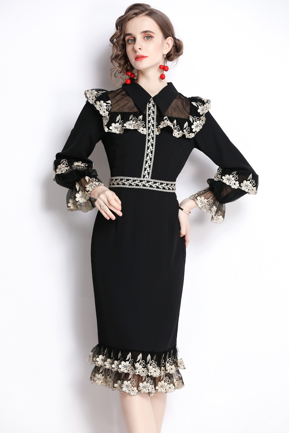Women Long Sleeve Midi Dress Spring Fall Winter Voile Embroidered Collar Ruffl