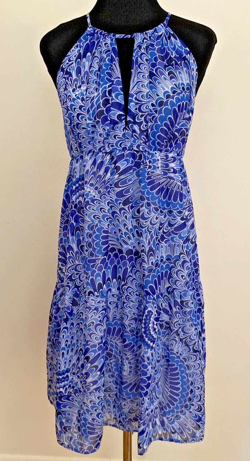 BOSTON PROPER DRESS W/SCARF~8~BLUES~STRING TIE W/KEYHOLE & ZIP~V NECK~TIER