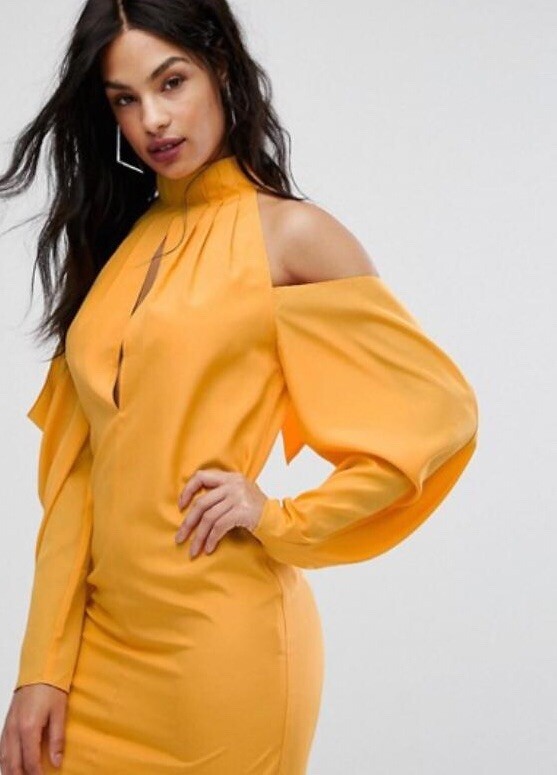 AQ/AQ Sexy Yellow Mini Cocktail Dress Wit Shoulder Ruched Detail Size 10 RRP £90