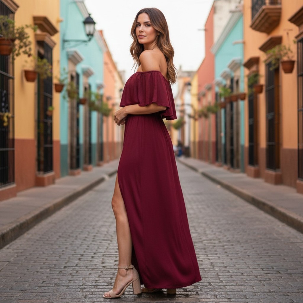 LILBETTER Women Off The Shoulder Ruffle Side Split Maxi Dress Wine Medium NEW