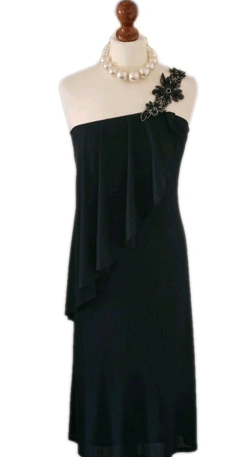 CLAUDIE AMOS Vintage Black One Shoulder Floral Applique Dress UK8 Made In UK