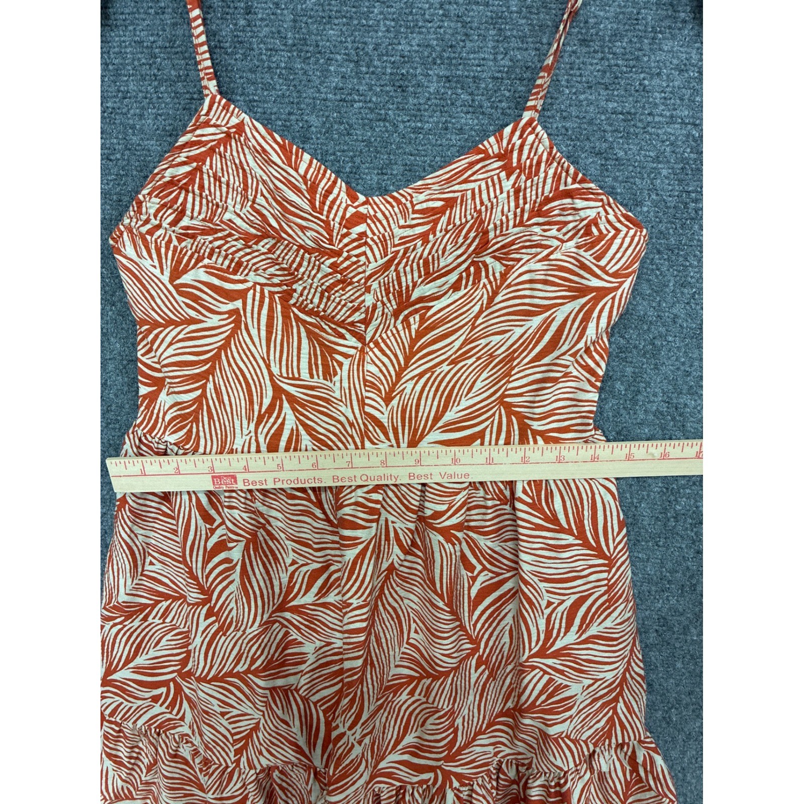 Apricot Rust Orange Palm Leaf Print Tiered Mini Dress Smocked Back US 4