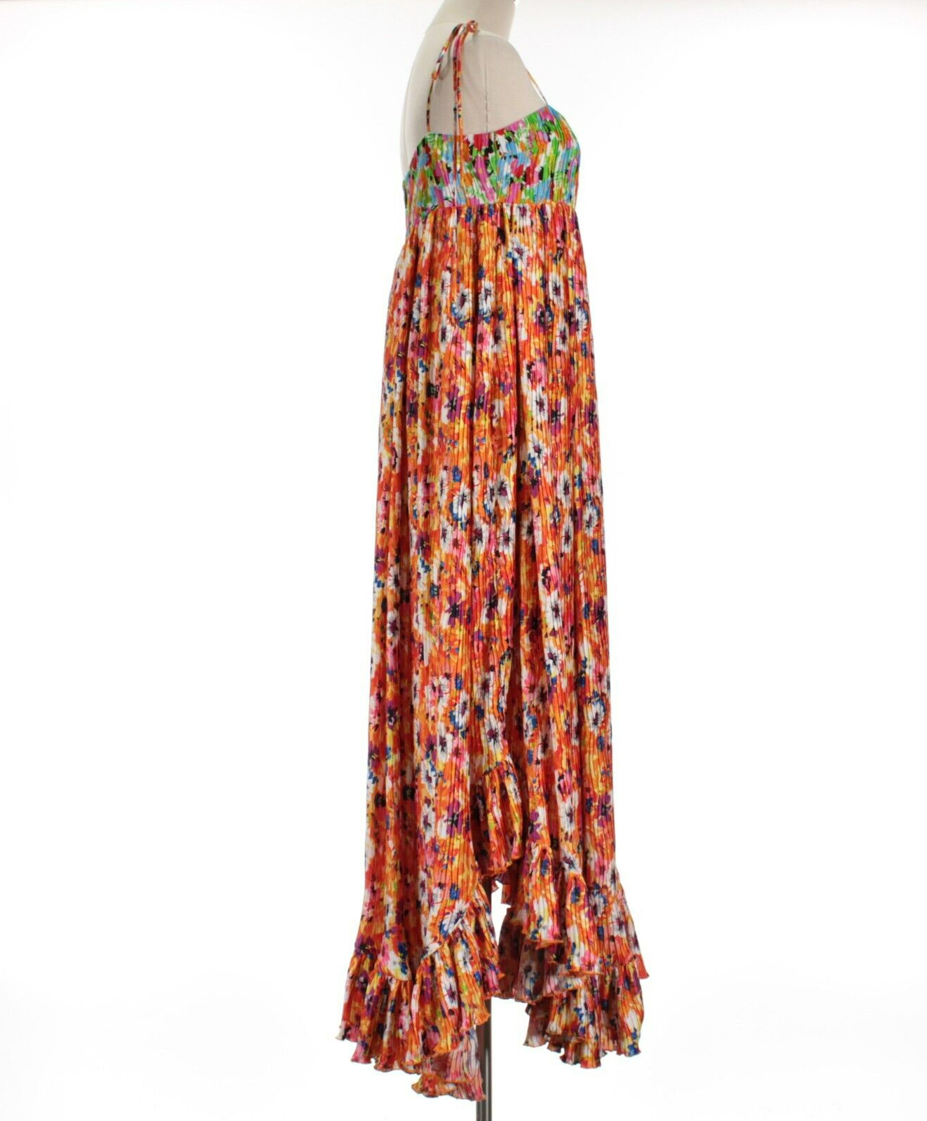 MSGM NWT Floral Pleated Ruffle Maxi Dress Size 42 US 8 in Orange/Multicolor
