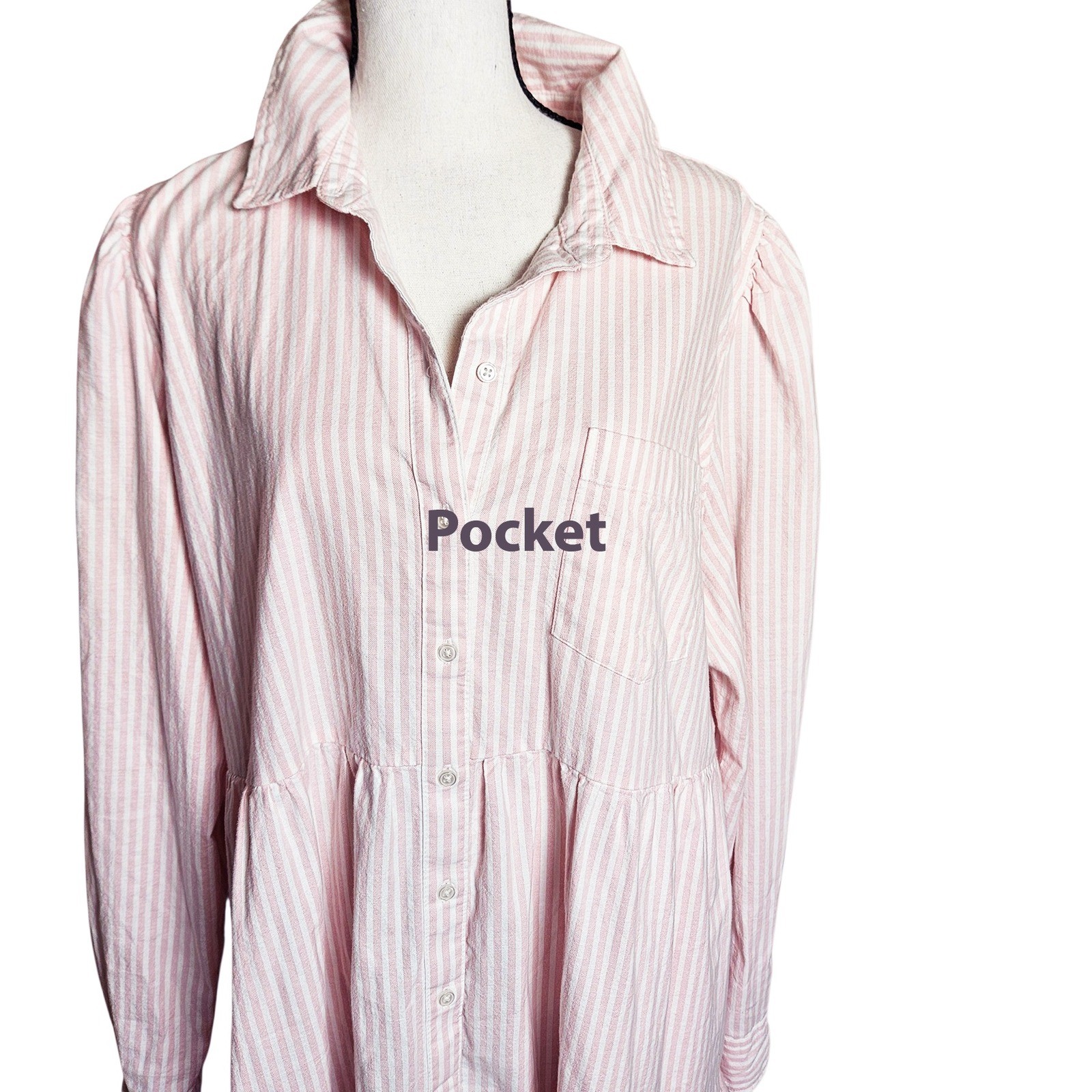 Crown & Ivy Pink White Striped Tiered Shirt Dress Womens XXL Long Sleeve Pockets