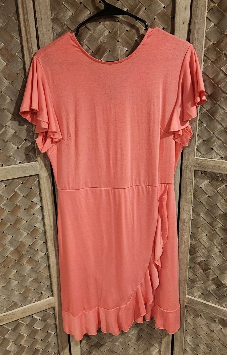 Women’s Short Sleeve Open Crew Neck Ruffled Hem Ponte Shift Dress Large