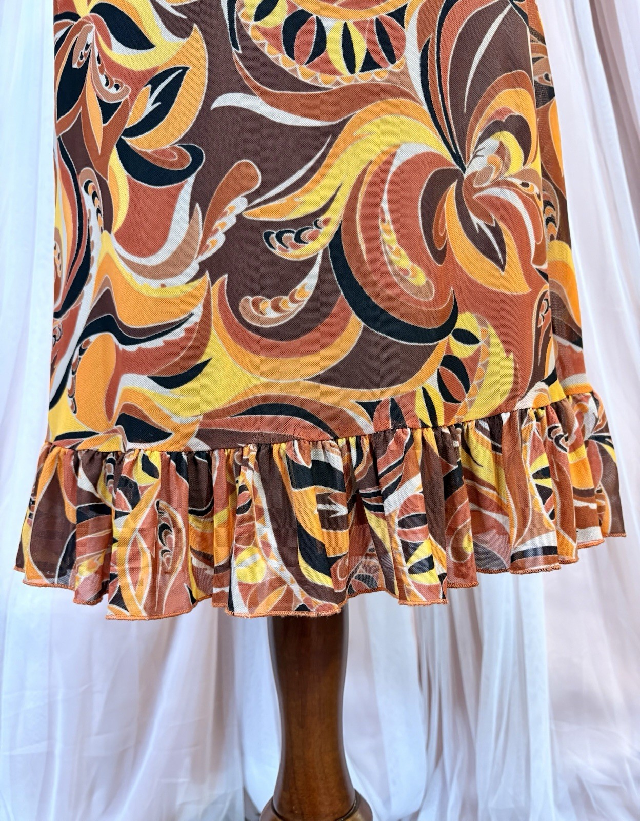 no comment Abstract Swirl V-Neck Spaghetti Strap Ruffle Hem Slip Dress S
