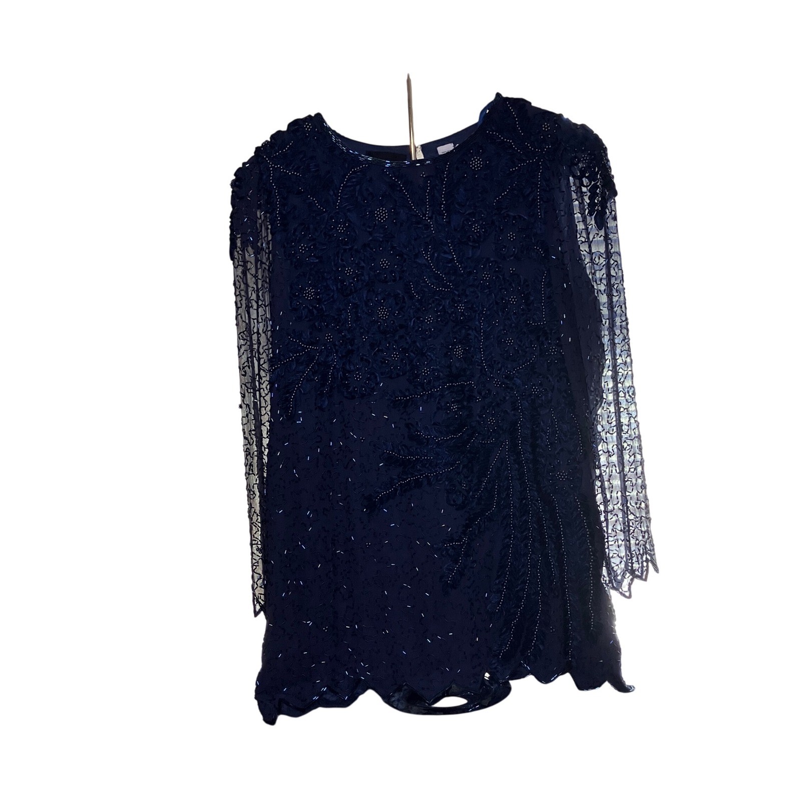 Diane Freis Navy Blue Woman Size L 100% Silk Hand Beaded Sequin Cocktail Blouse