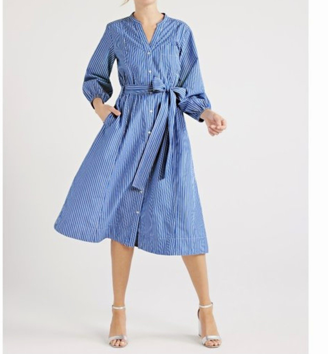Free Assembly Women’s Shirt Dress Size L Blue/White Striped Button Belted Midi