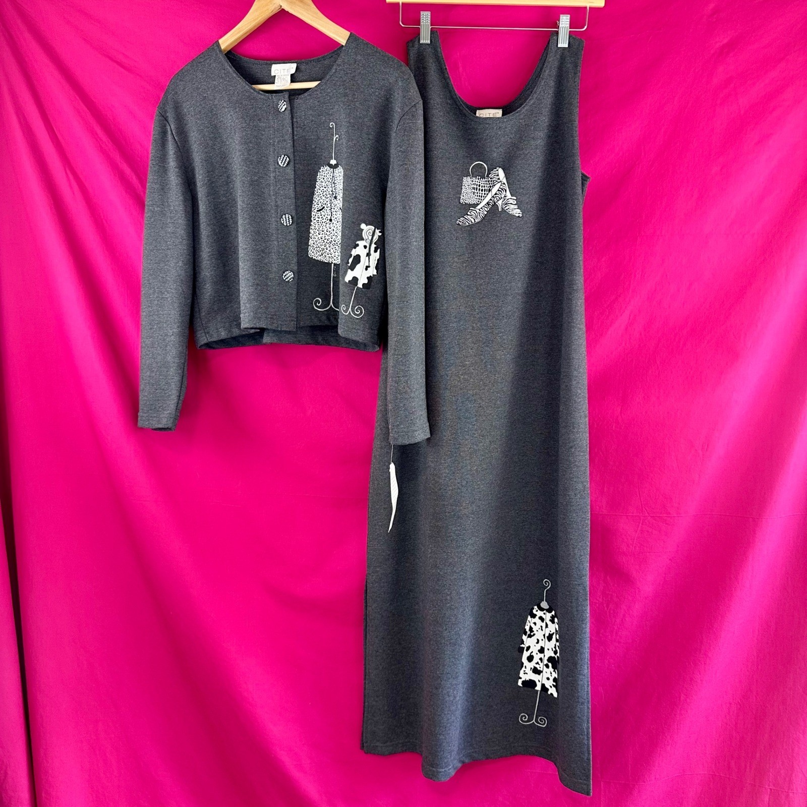 2 Piece Set Graphic Maxi Long Dress Cardigan Gray Fashion Artsy Novelty S Cite