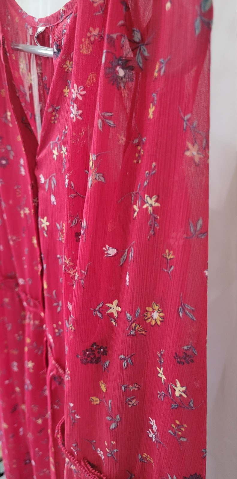 Uniqlo Sheer Women Drawstring Waist Button Down Red Floral Boho Midi Dress, sz M