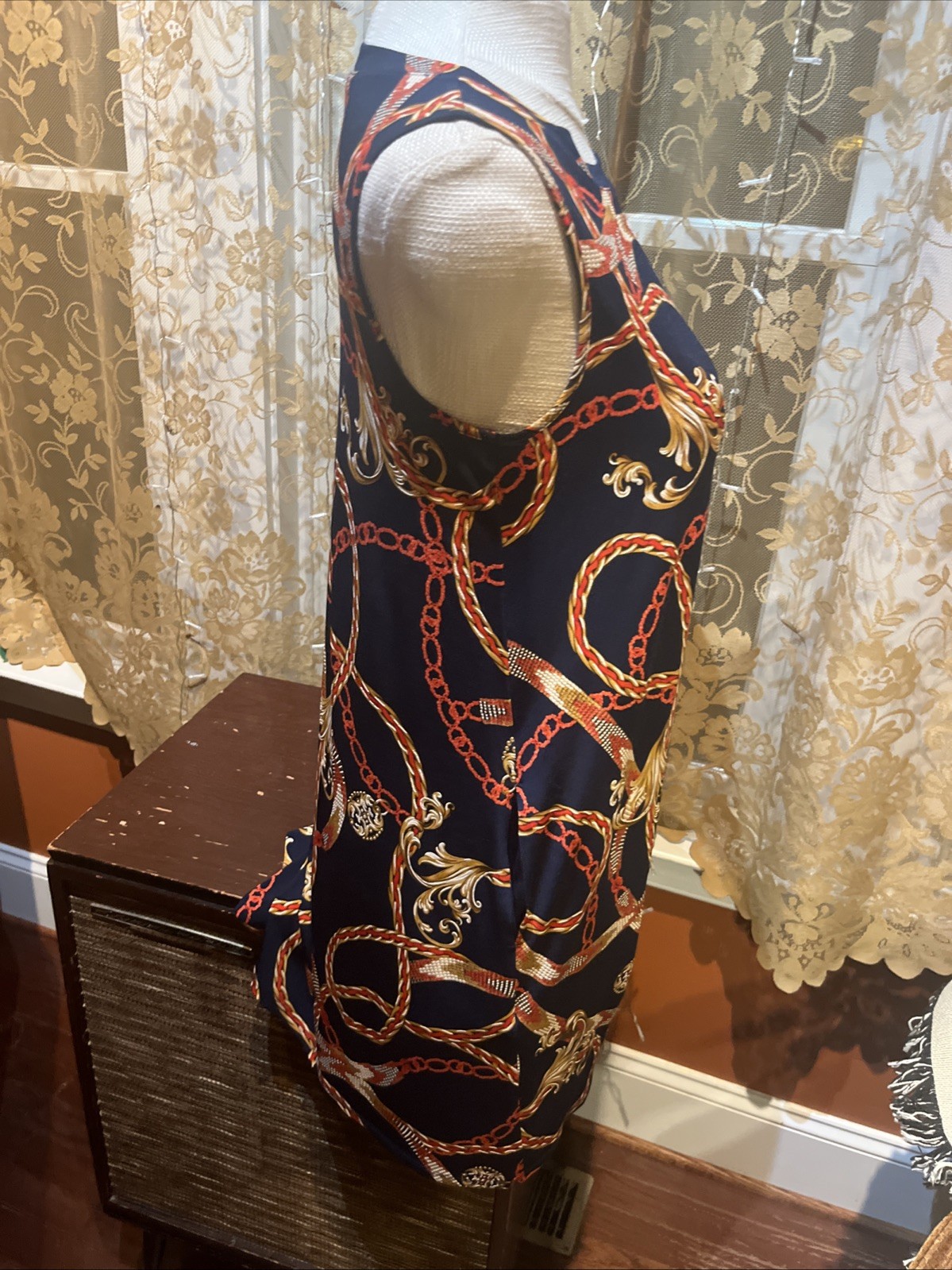 Apt 9 Womens Sz M Navy Chain Print Sleeveless Shift Dress Stretch Nautical