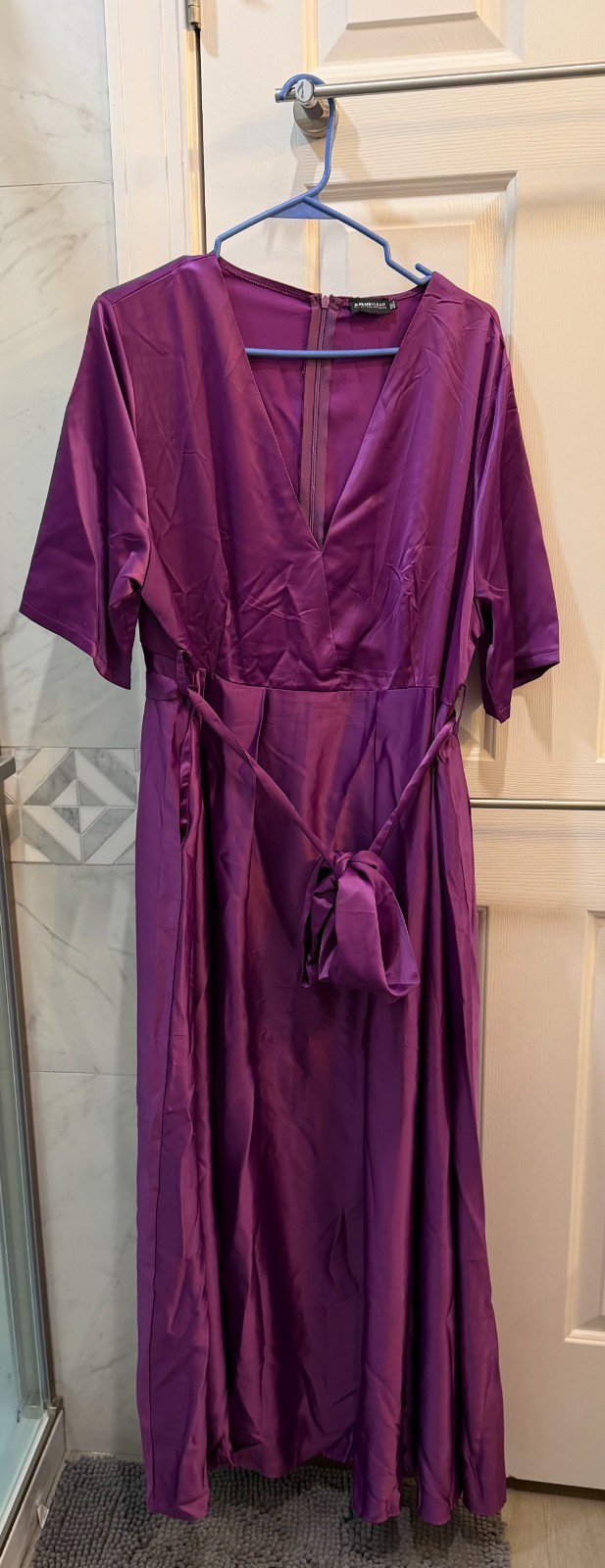 Long Purple Satiny Finish Party Dress with Bow tie at the Waist
