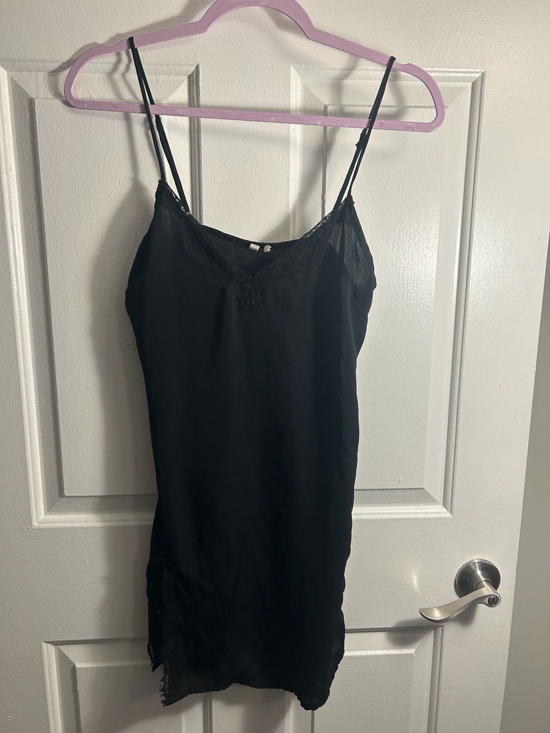 Out From Under Black Satin Lace-Trim Asymmetric Slip Dress