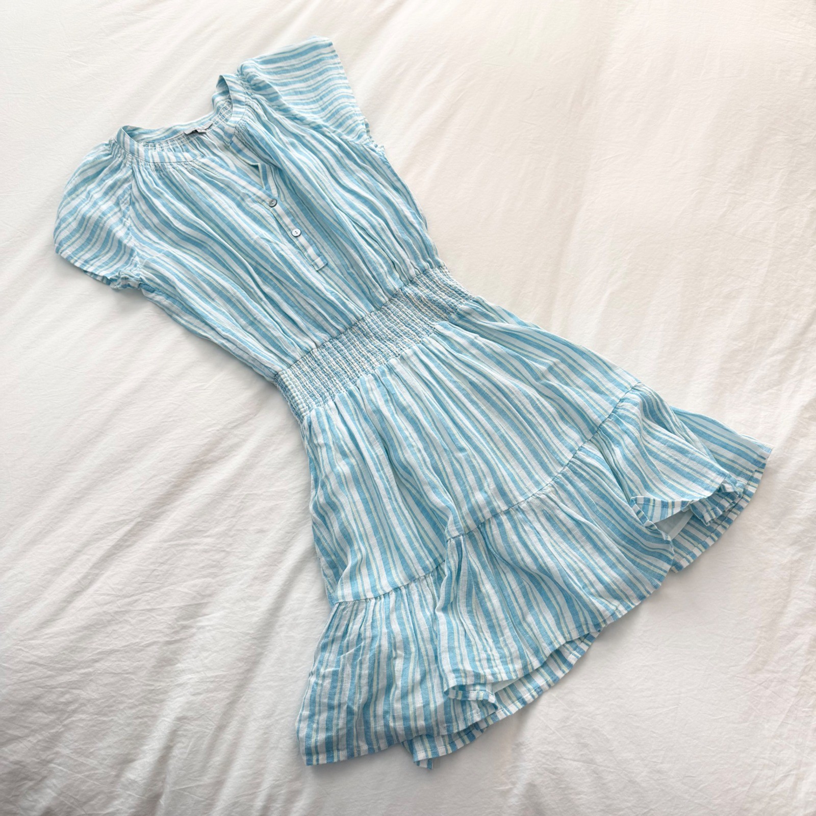 Rails Augustine Laguna Stripe Linen Blend Smocked Mini Dress Blue White Small