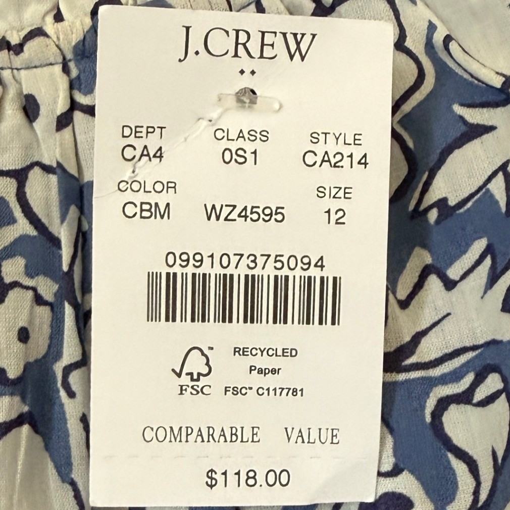 J.Crew Blue Floral Block Print Ruffle Tiered Midi Dress Pockets CA214 Sz 12 NWT