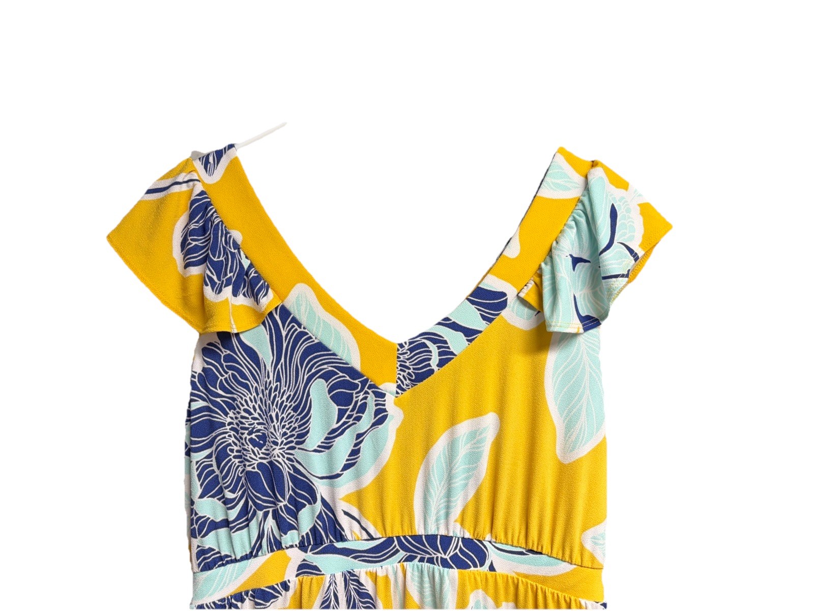 IMAN Global Chic Yellow Blue Floral Maxi Dress Resort Summer Cruise Petite M NWT