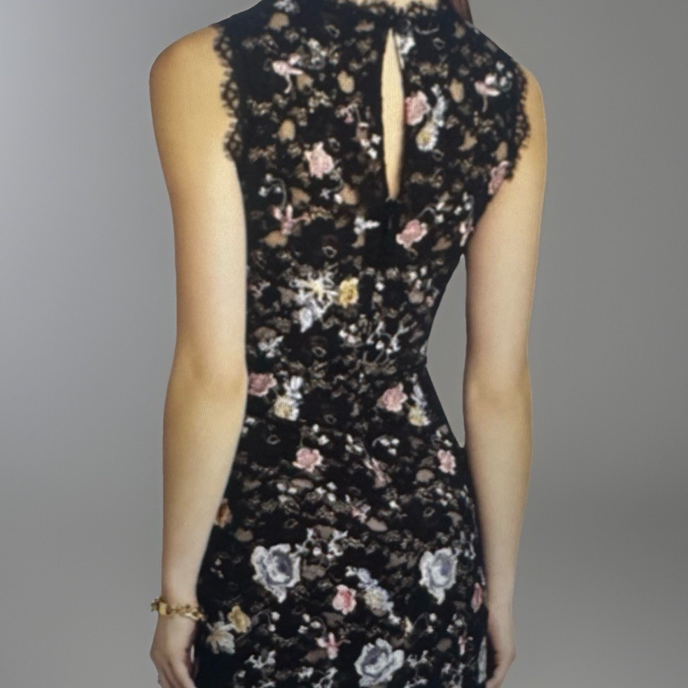 BCBGMaxazria Black Lace Bodycon Dress | Diame |Floral Embroidery | Dark Romance