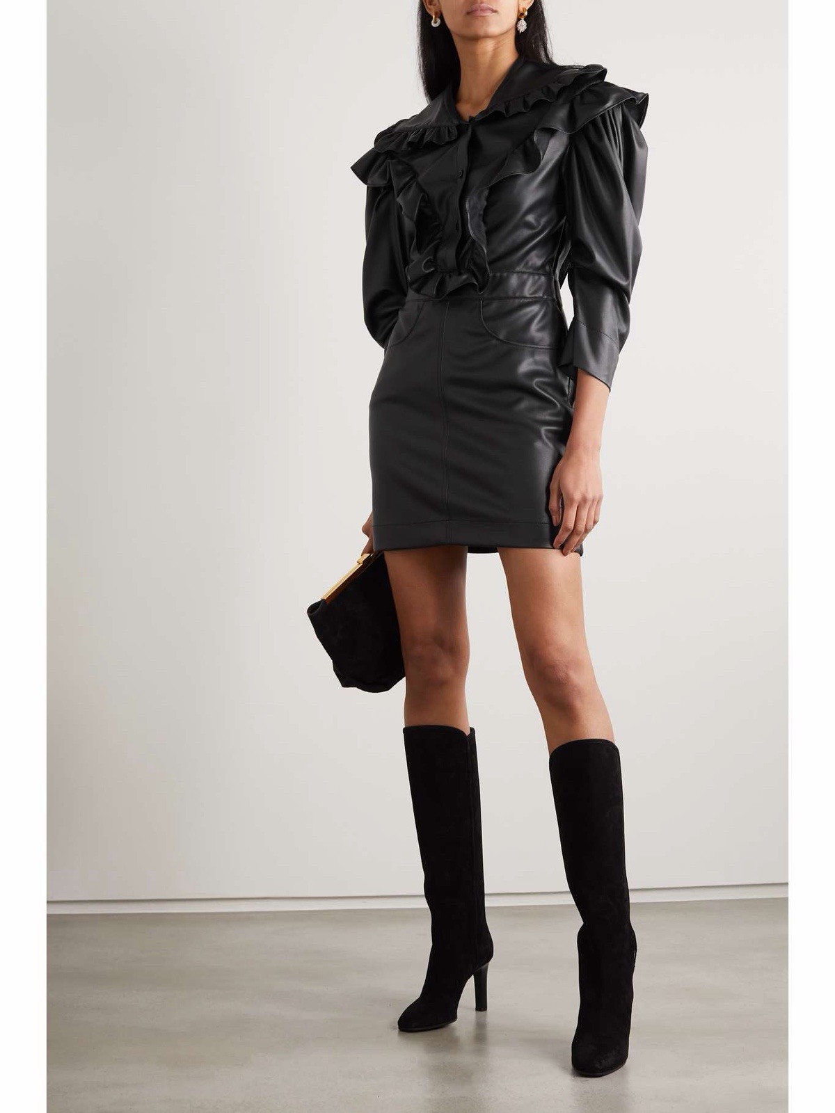 PHILOSOPHY DI LORENZO SERAFINI black faux Vegan leather Victorian ruffle dress