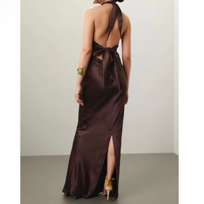Retrofete Ester Brown Satin TieBack Sheath Formal Dress, Prom Wedding Large