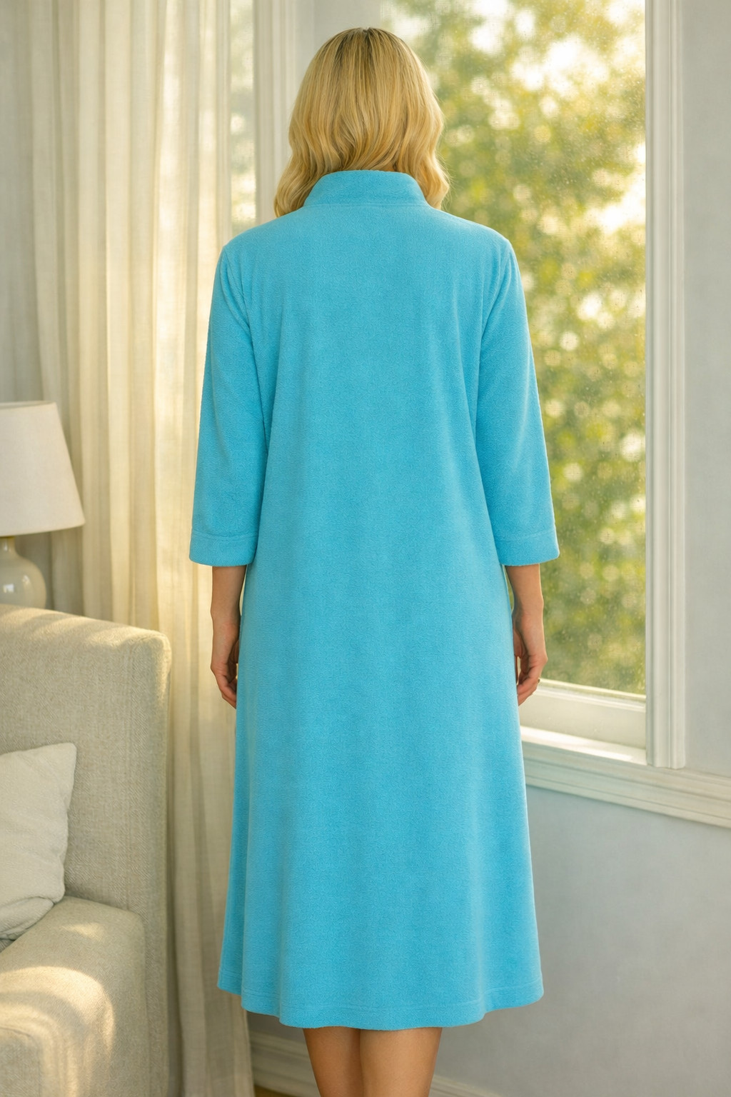 Evelyn Pearson Turquoise Robe House Coat Soft Texture Snap Down Dress S/M