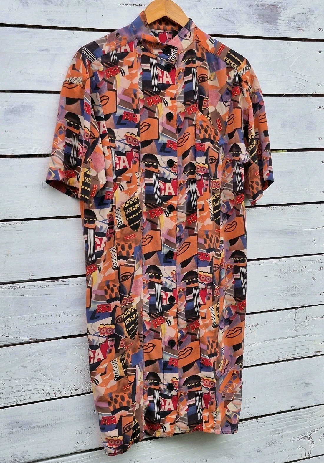 Silk Dress Abstract Face Print Button Front Colorful Graphic Fendi Logo Buttons