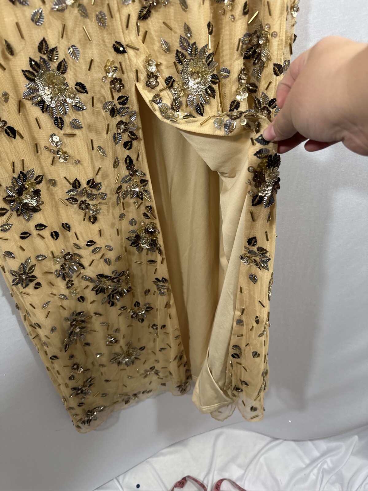 NWT Mac Duggal [ 8 ] 5477 Floral Embellished Scoop Neck Evening Gown Gold J1118