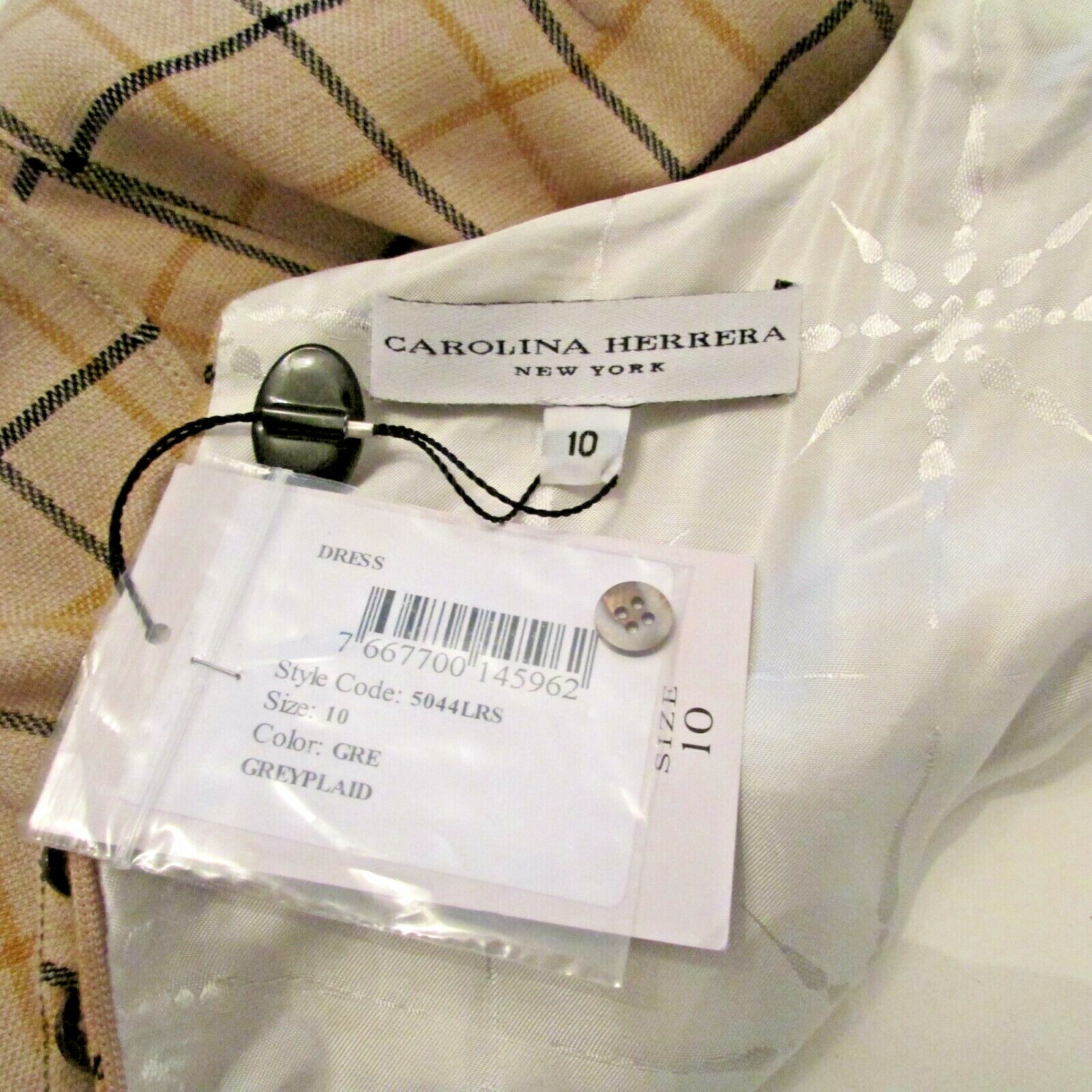 $2690 Carolina Herrera Italy Grey Plaid Attached Fringed Scarf Belted Dress 10