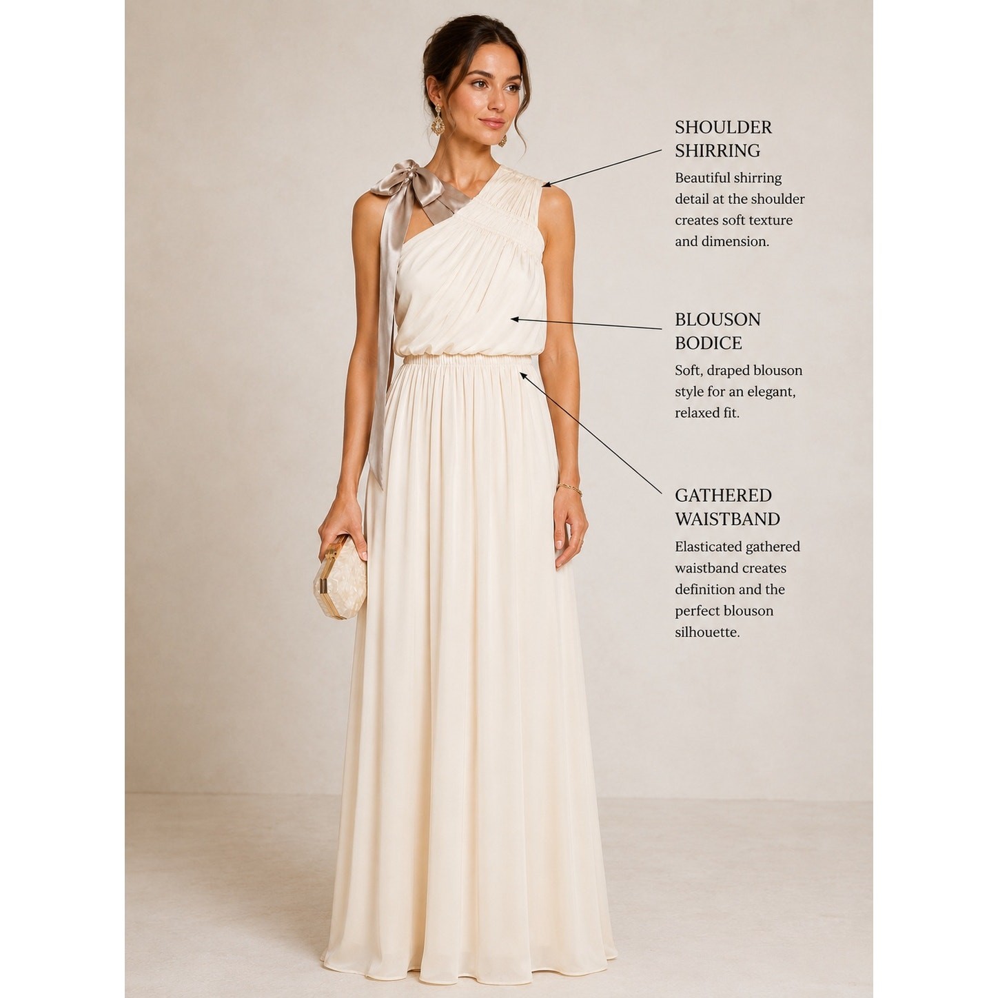 Needle & Thread Ivory Grecian One Shoulder Satin Maxi Gown Taupe Bow US 8