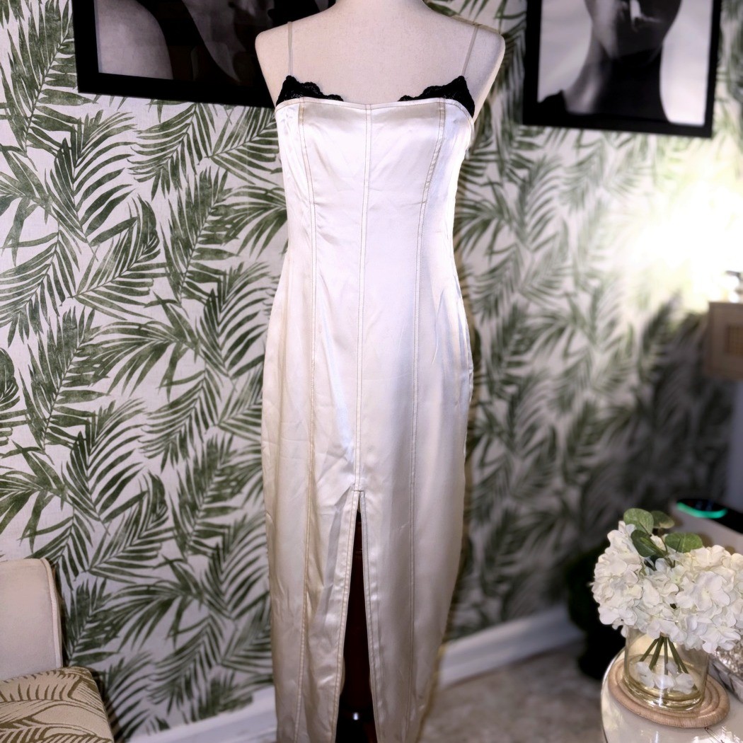 Fleur du Mal Ivory Satin Slip Dress Black Lace Trim Bias Midi Womens Size 8