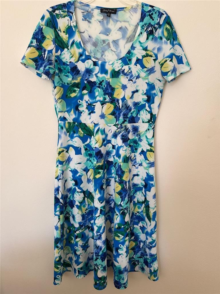 SLINKY BRAND Blue Green White Floral Short Sleeve Poly Spandex Dress Sz S EUC