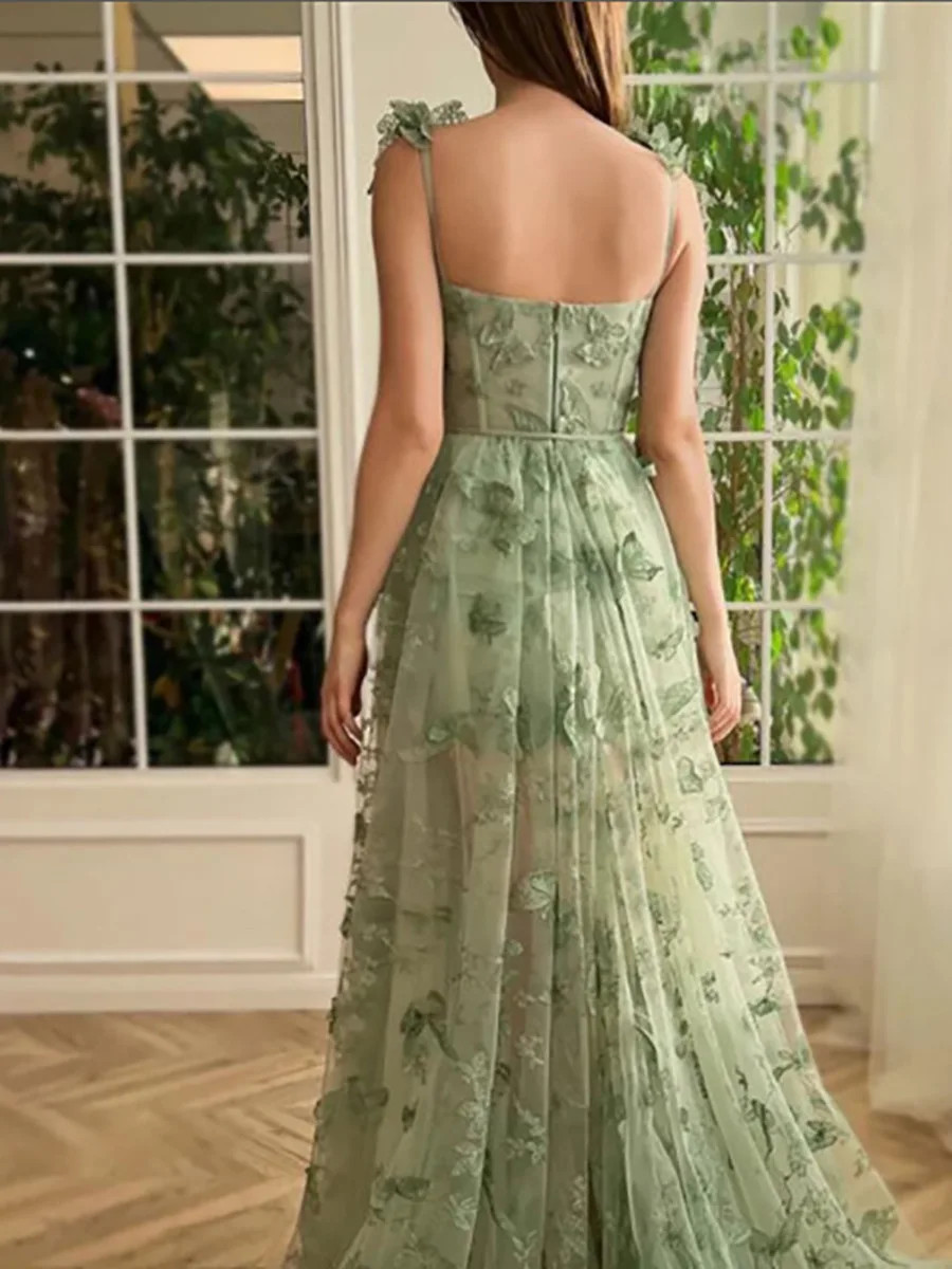 Forest Fairy Evening Gown Lace Mesh Modest Dress Thigh High Slit Long Dresses