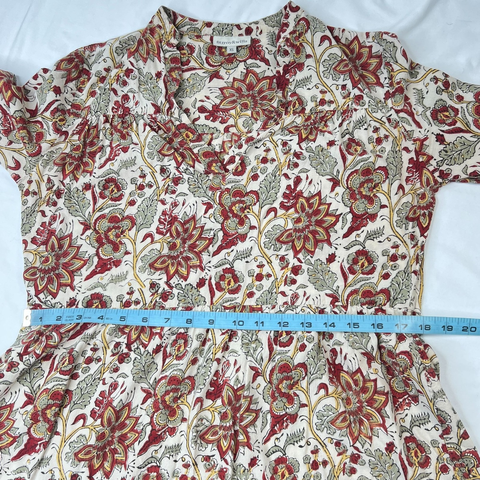 Fitzroy & Willa Floral Block Print Mini Dress Ivory Red Multicolor Floral XS