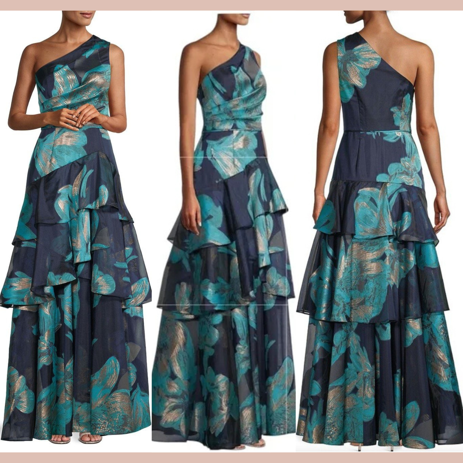 NWT Aidan Mattox [ 10 ] One Shoulder Tiered Ruffle A-Line Metallic Gown J2006