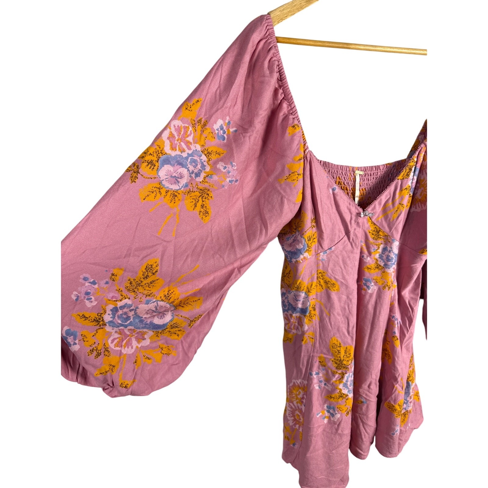 Free People Francesca Floral Puff Long Sleeves Mini Dress Rose Pink Size Large