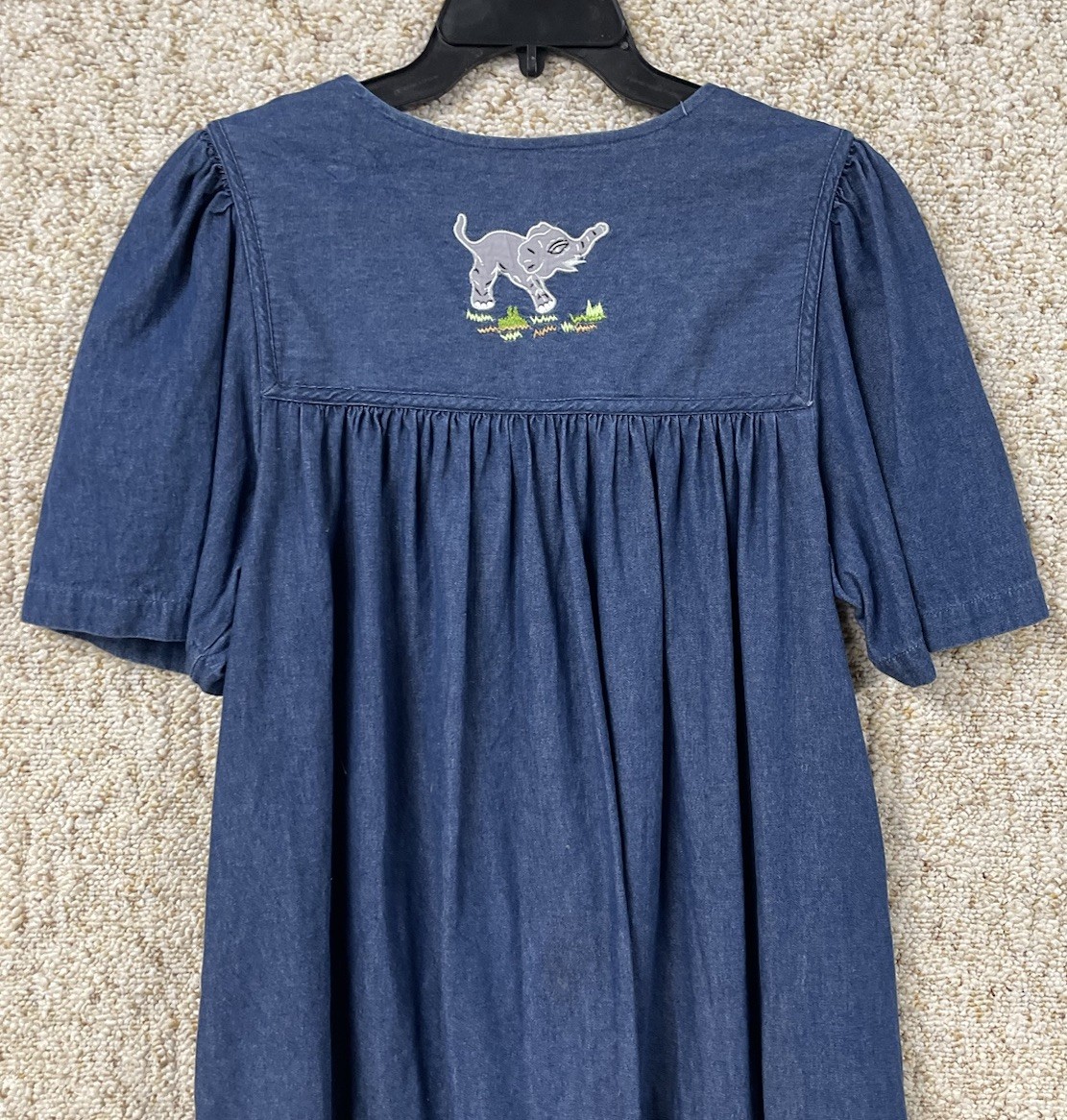 Bechamel Denim Medium Petite Safari Animals Embroidered House Patio Jean Dress