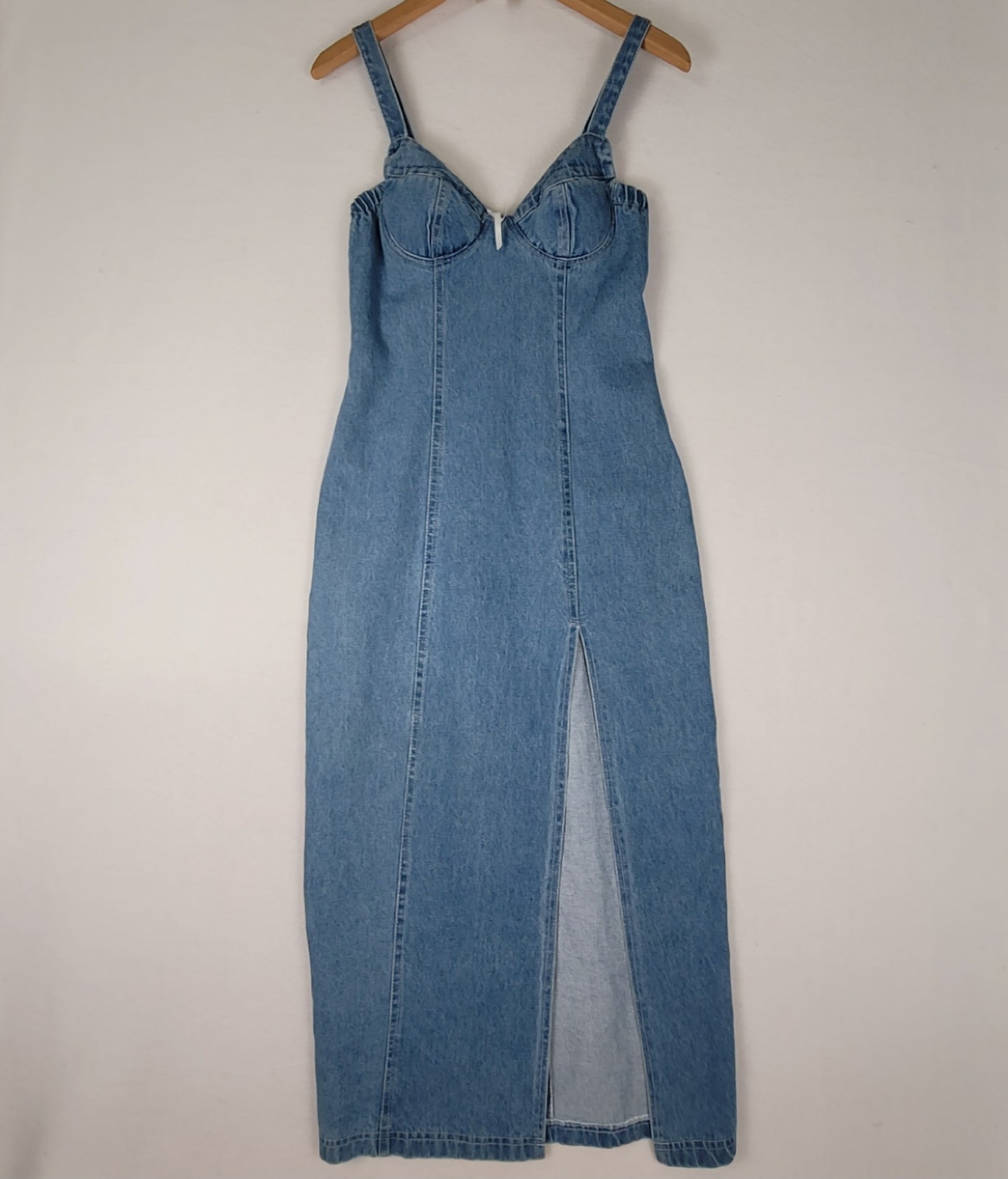 NEW To Be Seen Vintage Denim Maxi Dress Bustier Front Slit Blue Juniors Size 3/4
