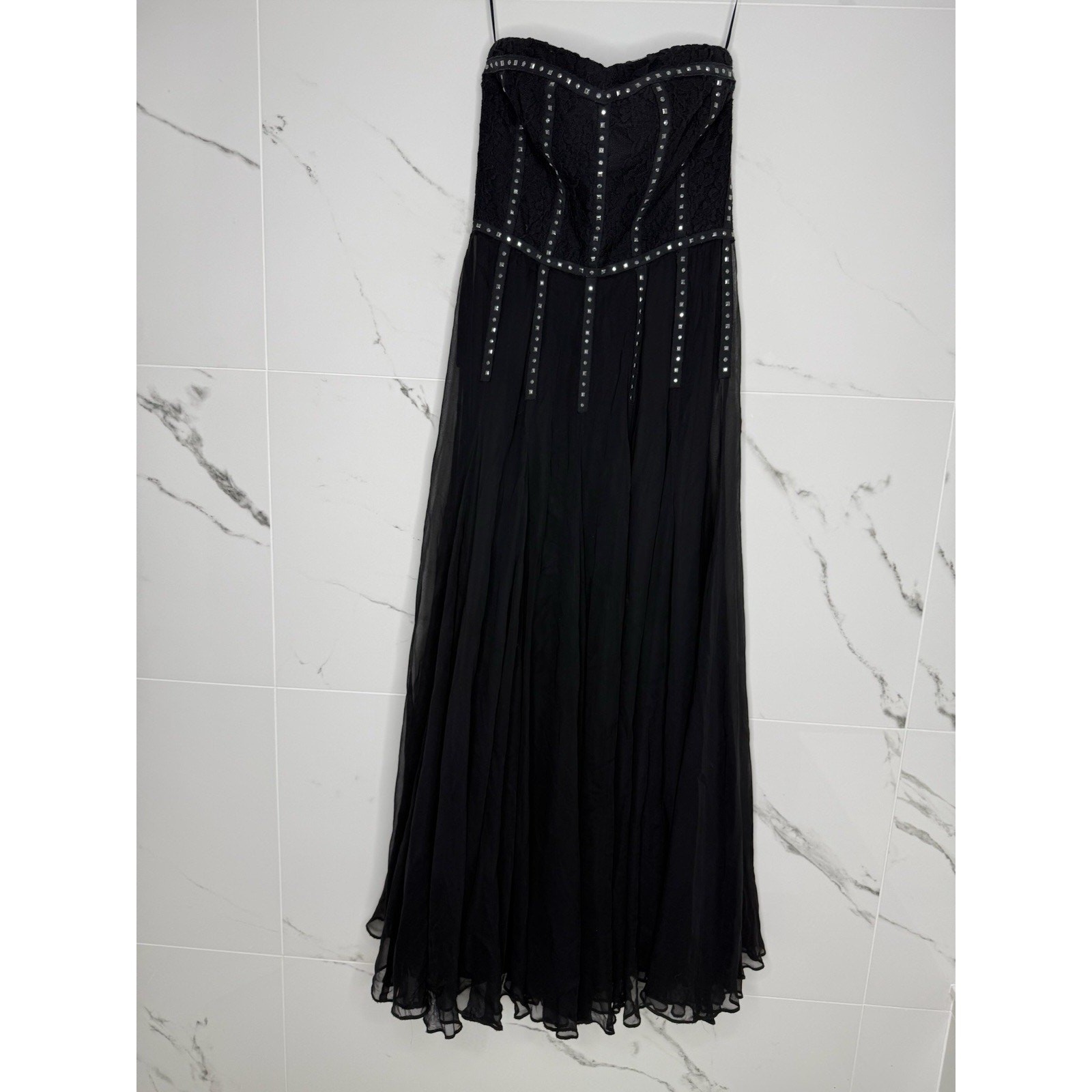 Rebeca Taylor Black chiffon Strapless Dress Studded Rhinestone Lace Bodice Sz 6