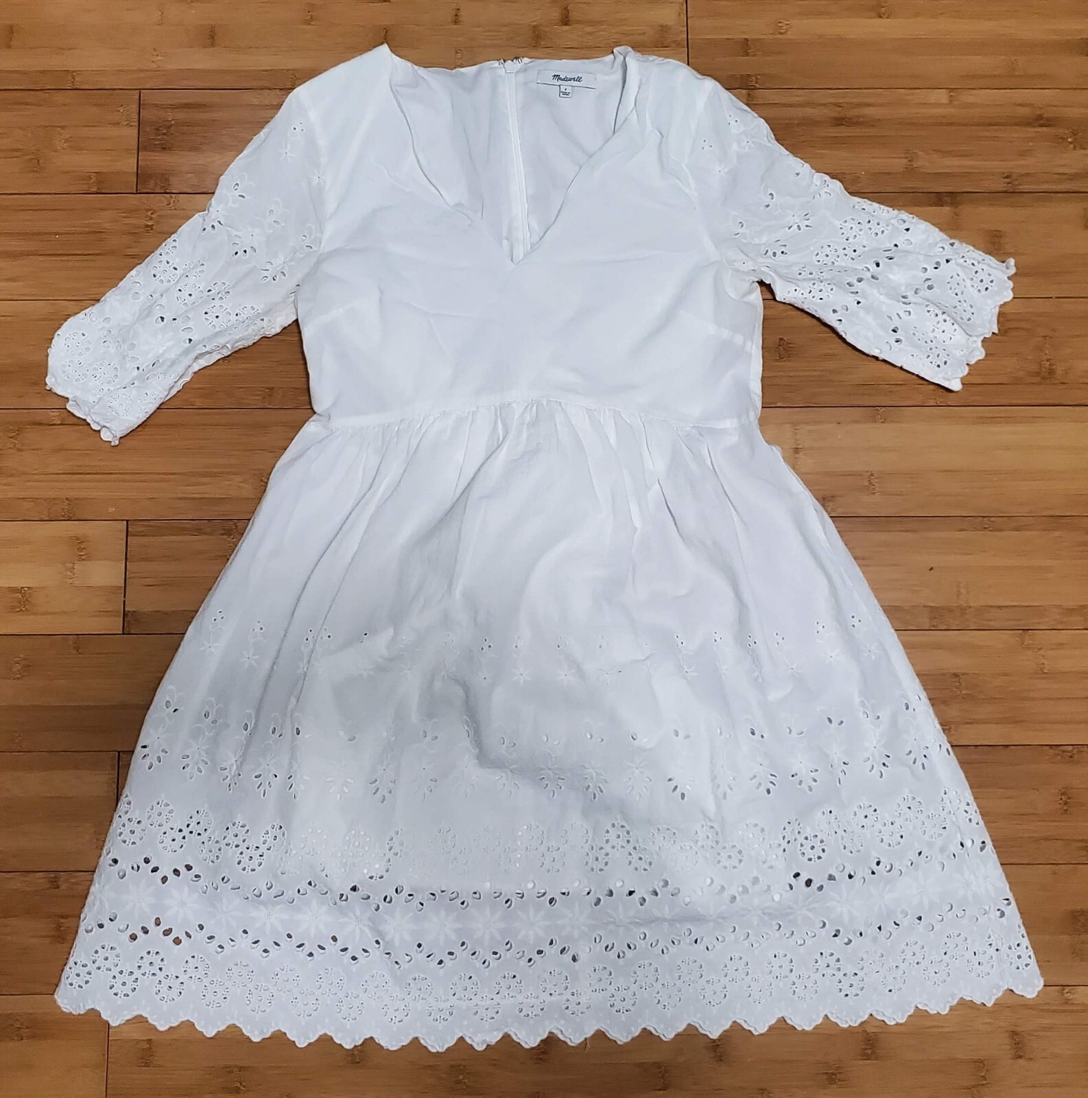 Madewell Womens Eyelet Lattice V-Neck Back Zip Hook Floral Dress White Size 2