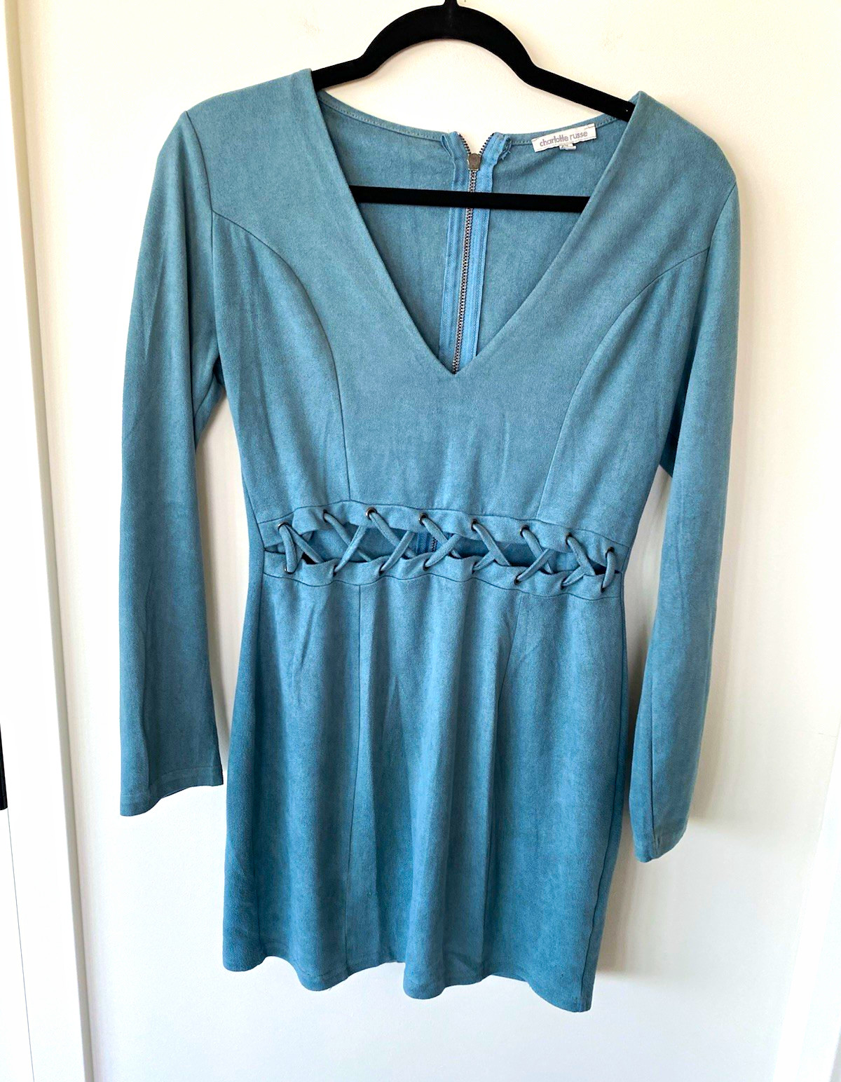 Charlotte Russe Blue Faux Suede V-Neck Long Sleeve Mini Dress, M