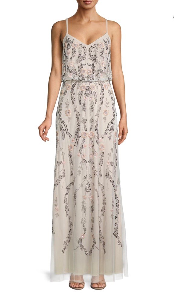 ADRIANNA PAPELL Ivory Pink Silver Embellished Beaded Floral Mesh Blouson Gown 6