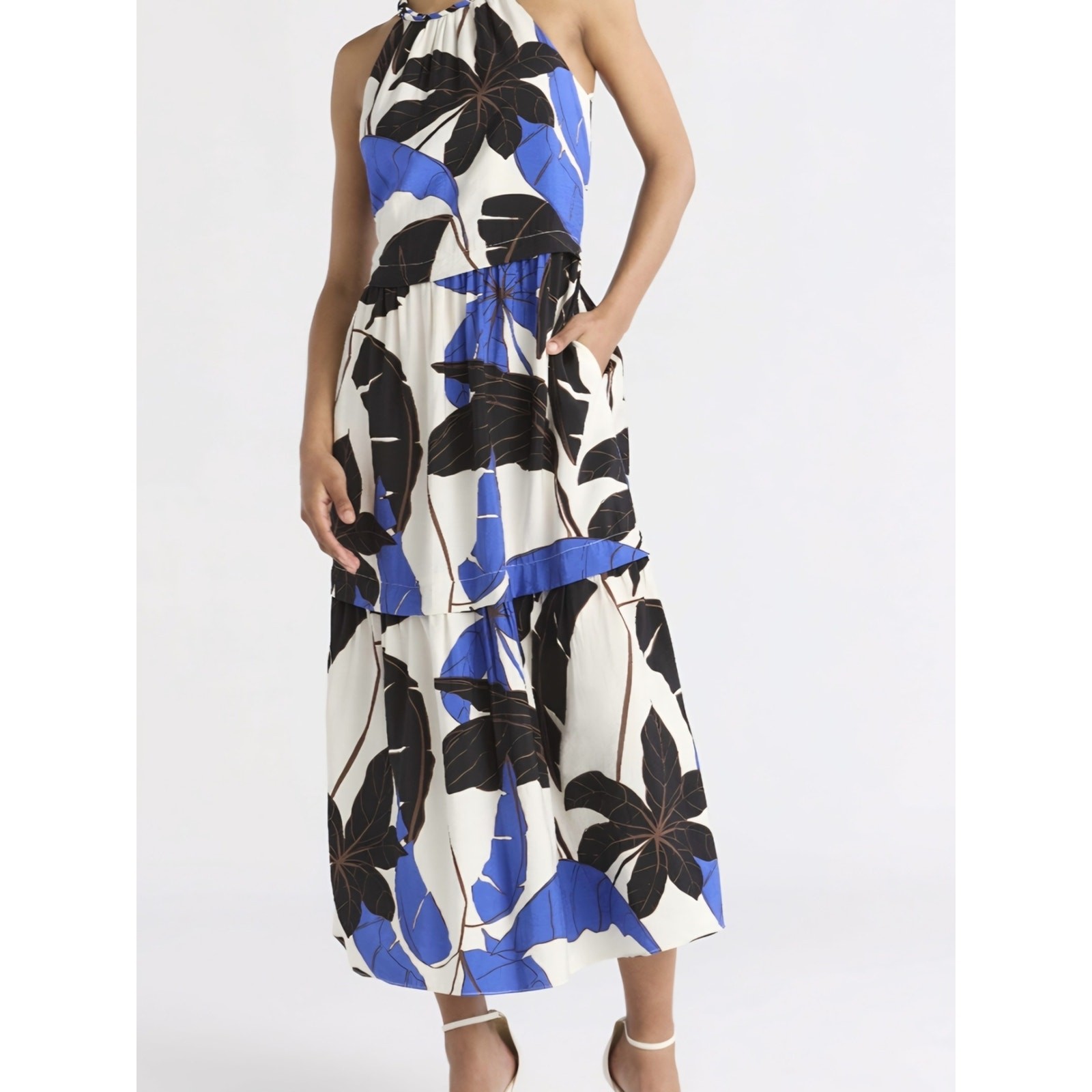 Tropical Palm Halter Maxi Dress by Sofia Vergara Size L (12-14) Blue,black.