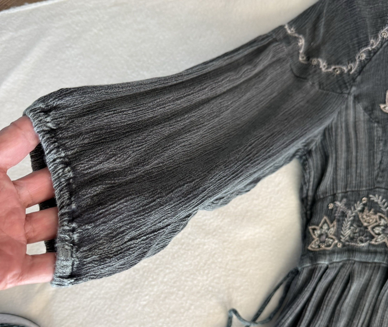 Sweet Magnolia Embellished Boho Prairie Beaded Maxi Dress Size Large Gray Teal