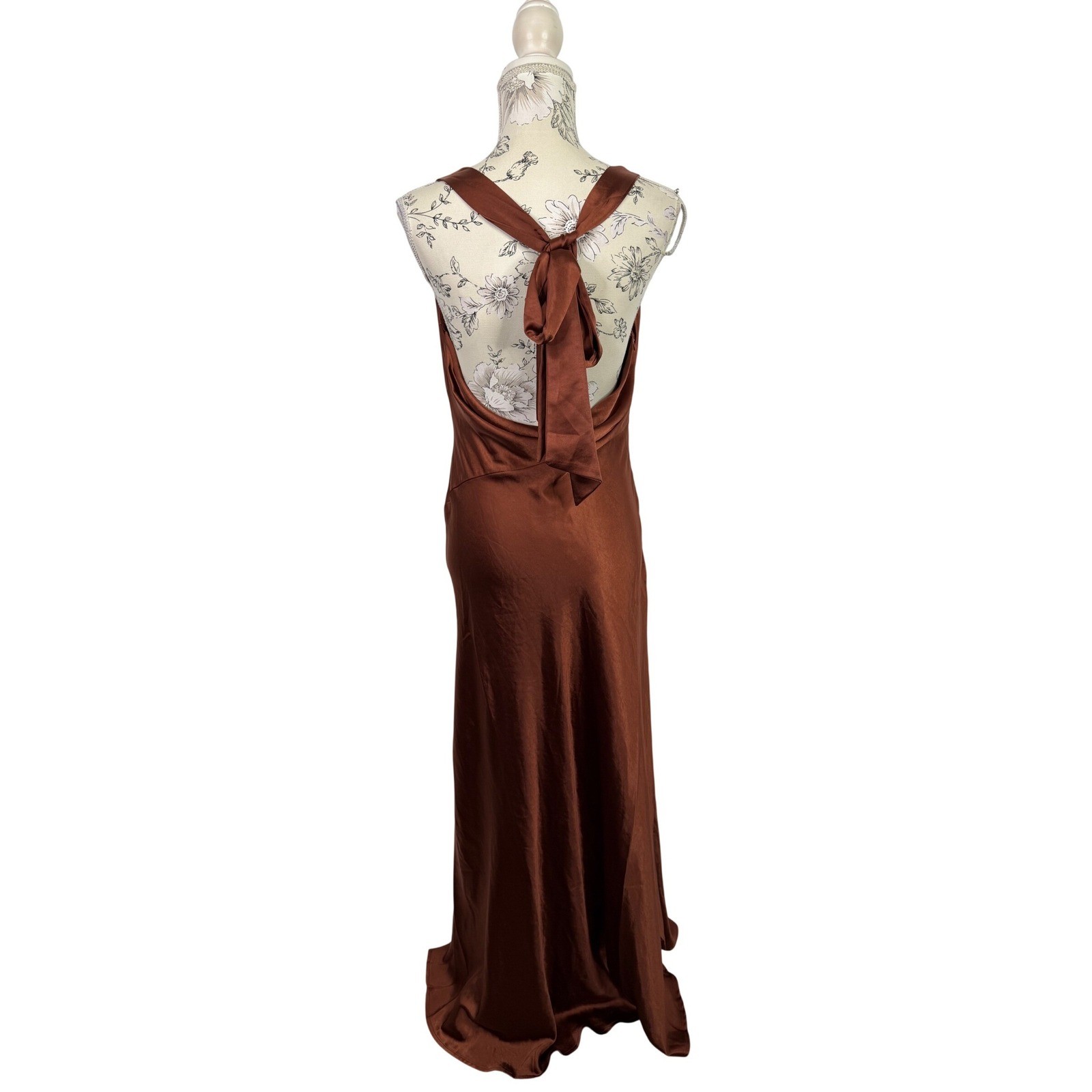 Billy J Sian Maxi Dress Rust Satin Cowl Neck Tie Back Formal Gown Size 10 NEW