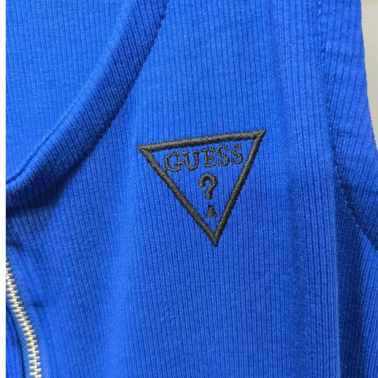 Guess Los Angeles Mini Tank Dress Medium Retro Y2K Blue Rib Knit 1/4 Zip Logo