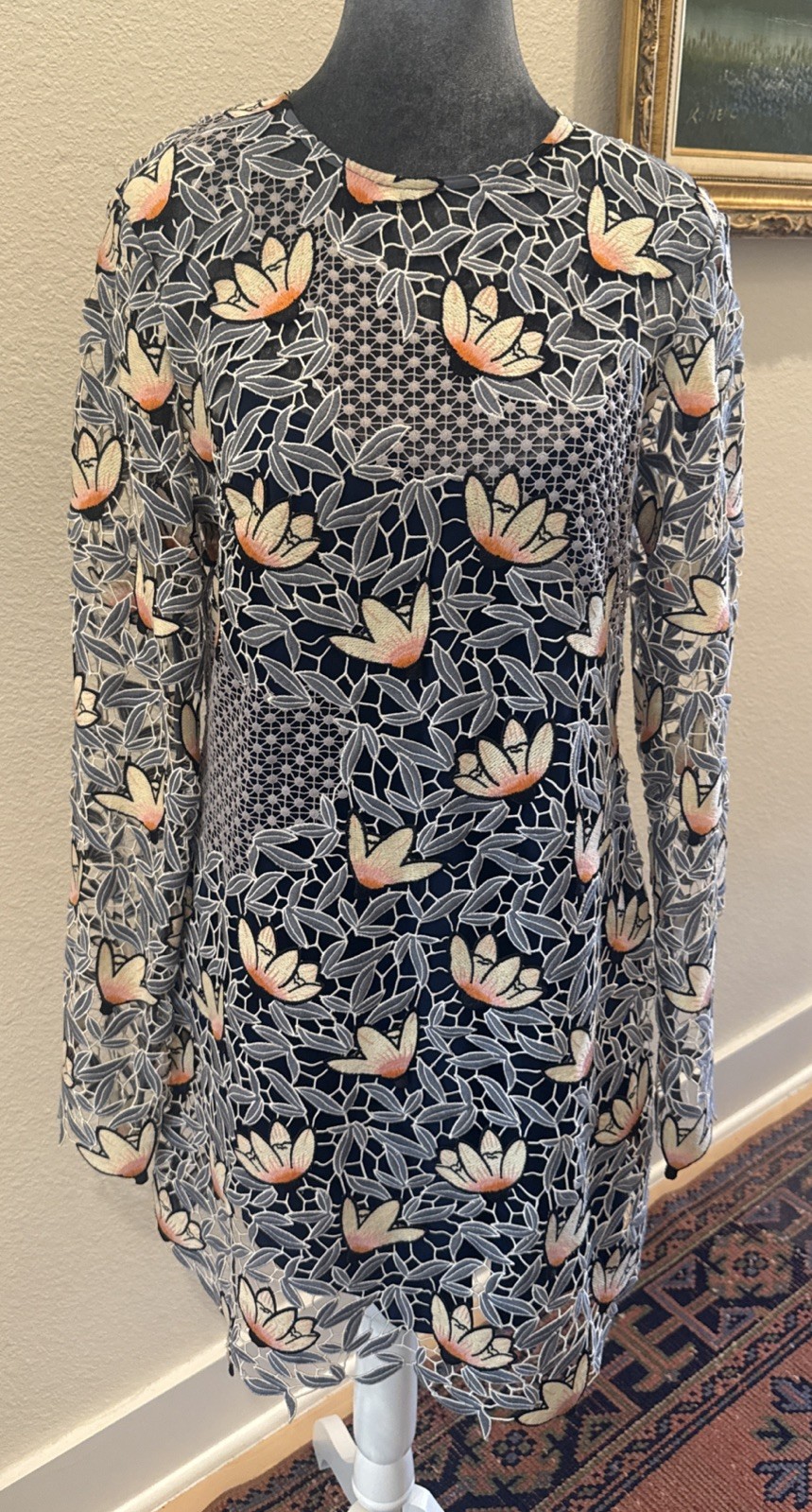Self Portrait Lace Dress Flower Pattern Blue/ Lavender UK14 US10 Cut Out